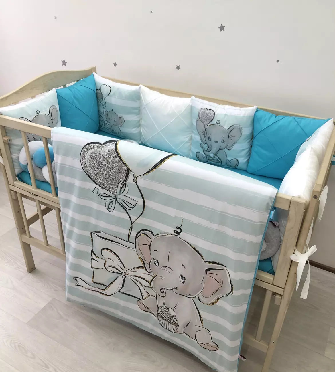 Crib set “Azure elephant” - Baby Bedding Worlds