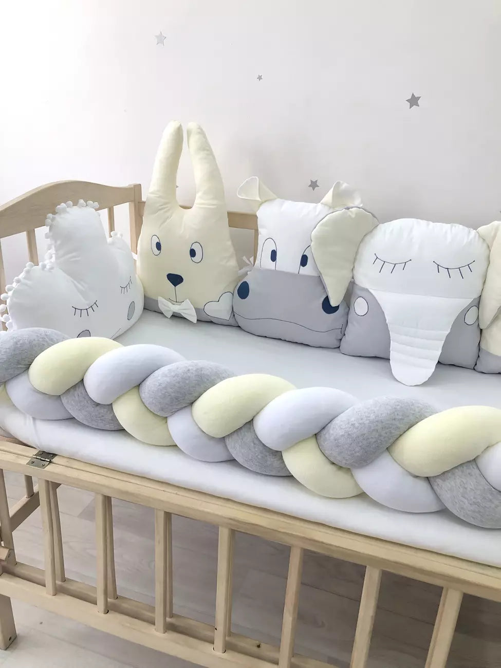 Beige gray bumper set for newborn crib “Animals bumpers beige gray” - Baby Bedding Worlds
