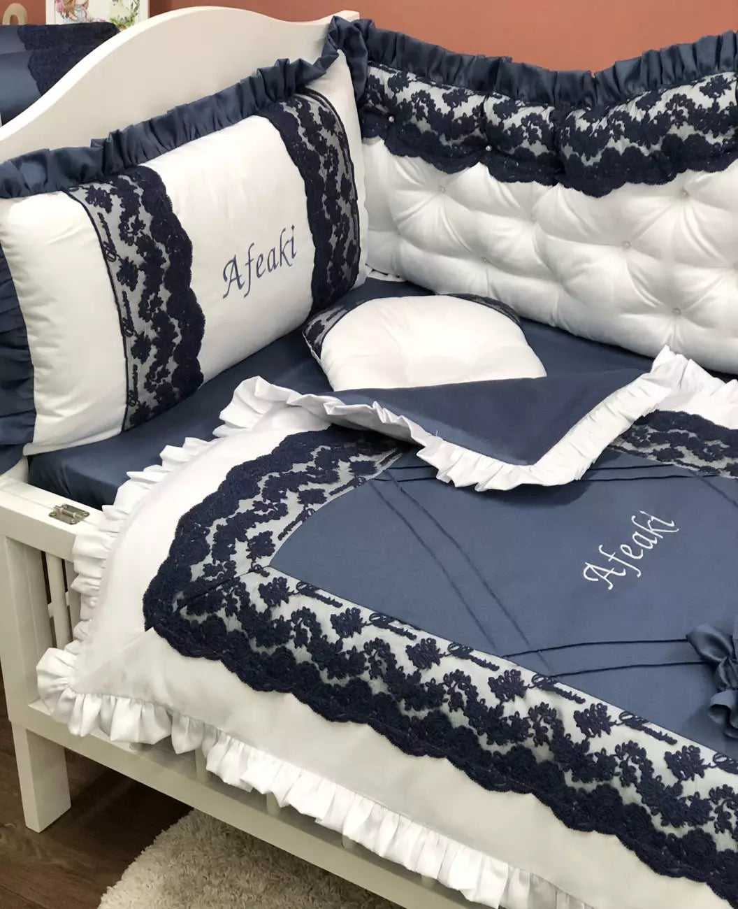 Crib set “Personalized navy blue and white luxury baby bedding set“ - Baby Bedding Worlds