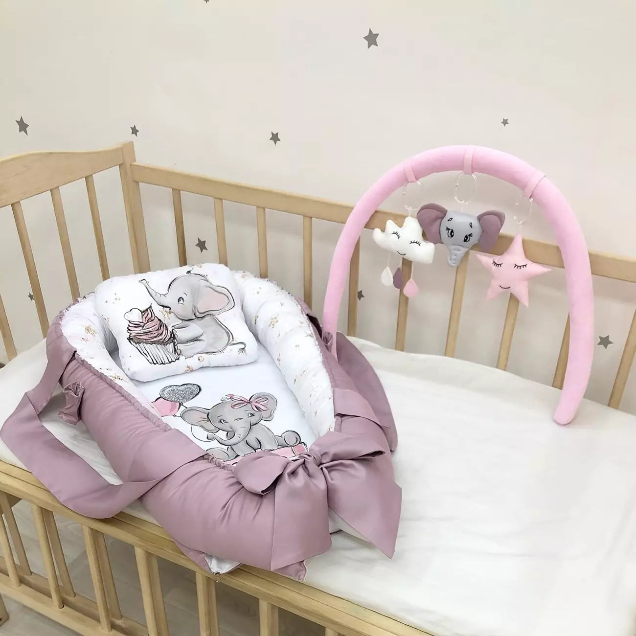 Baby Nest Elephant “Nest for babies with bow and toys” - Baby Bedding Worlds