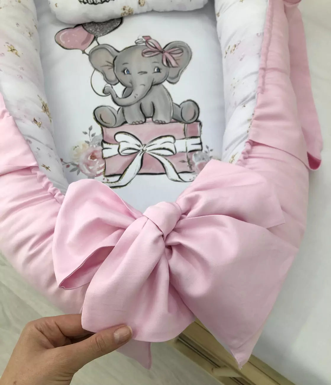 Baby Nest pink Elephant “Nest for babies with bow and toys” - Baby Bedding Worlds