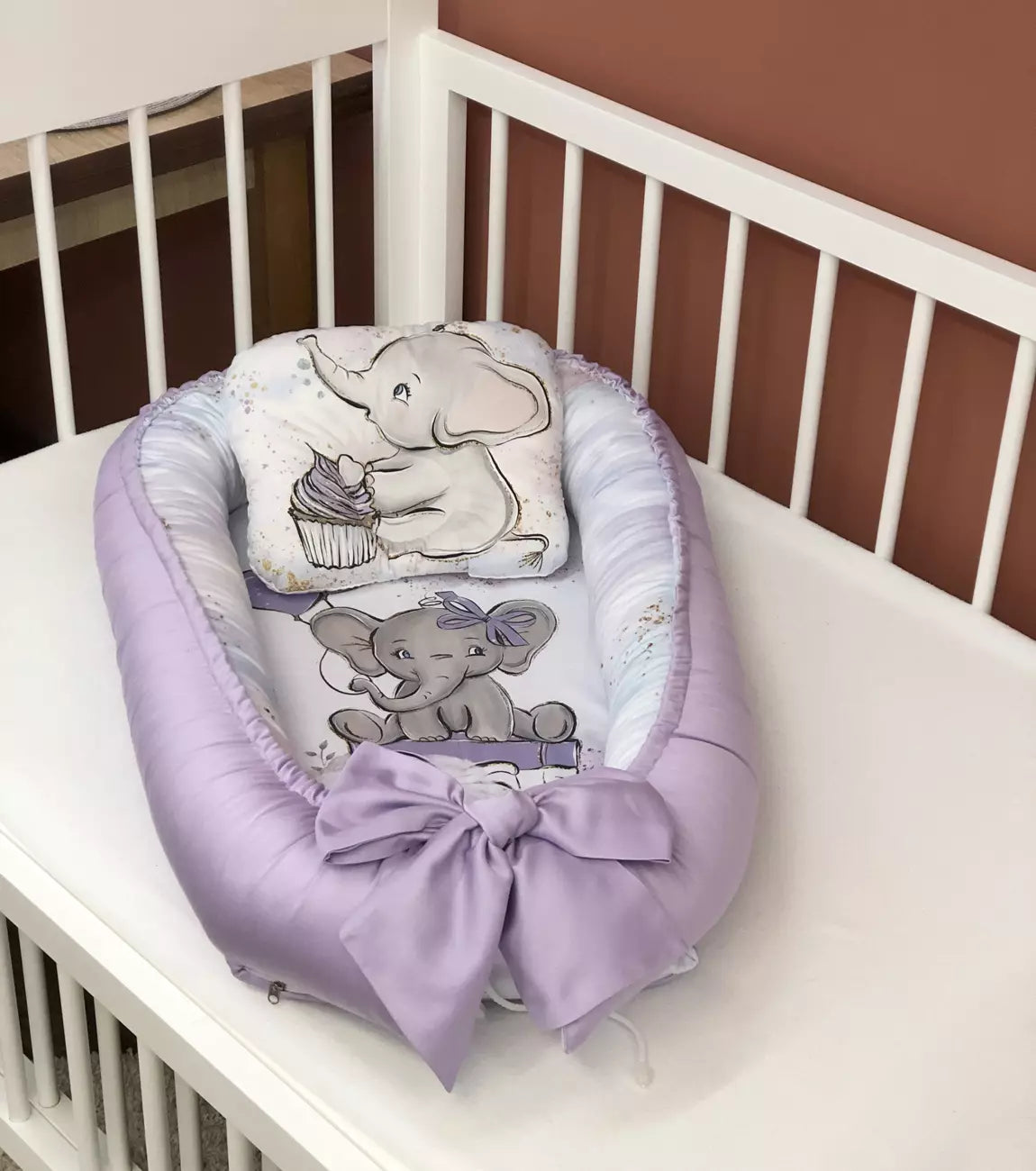 Baby Nest “Lilac Elephant” - Baby Bedding Worlds