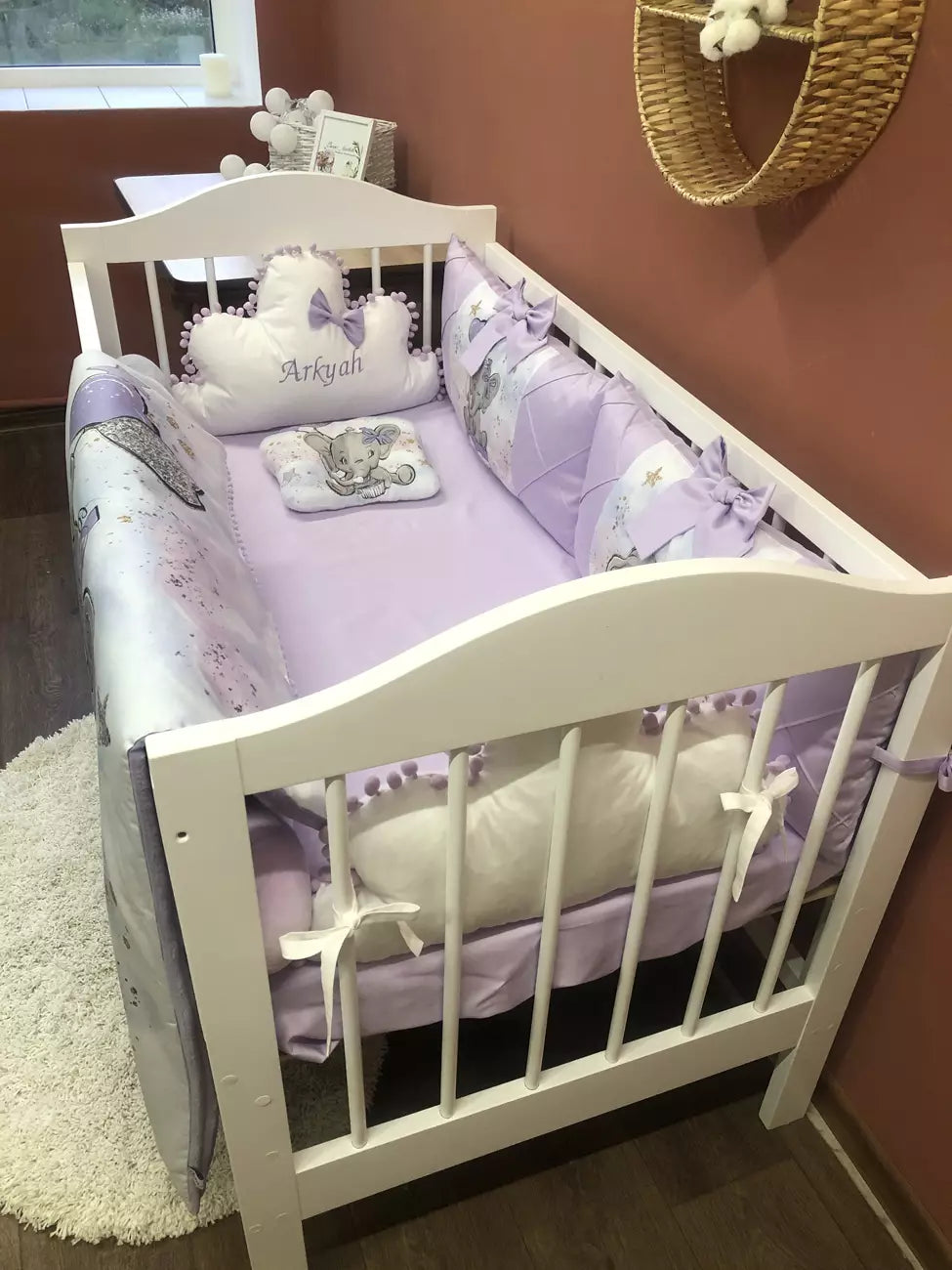 Crib set “Lilac Elephant” - Baby Bedding Worlds