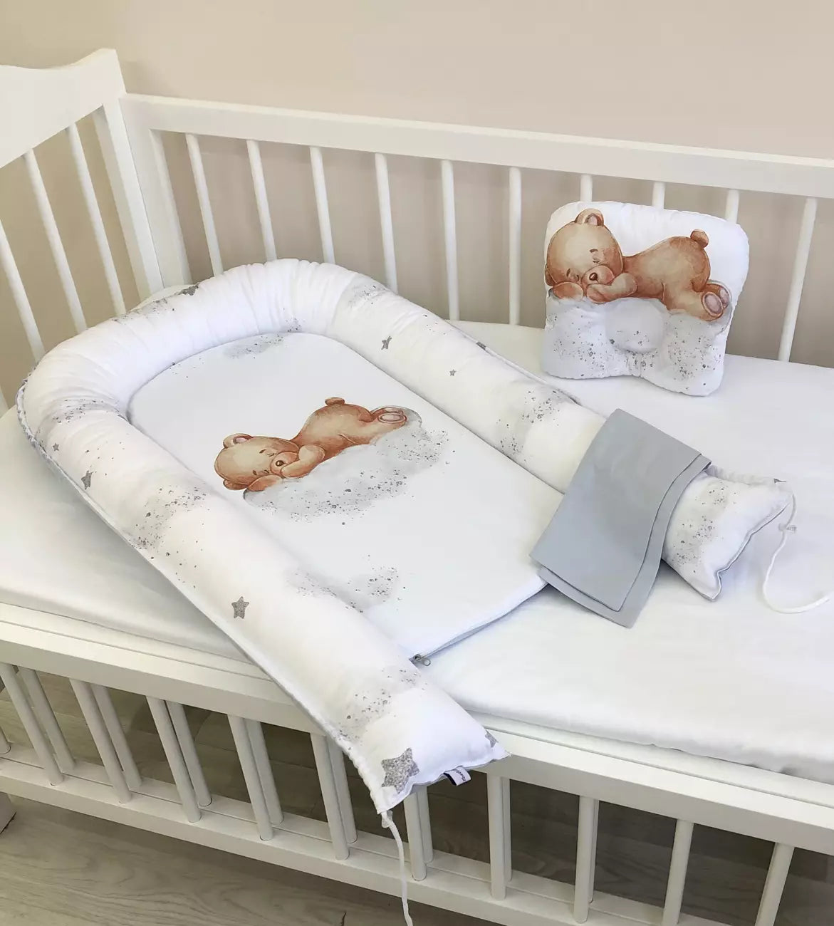 Baby Nest “Grey Teddi bear” - Baby Bedding Worlds