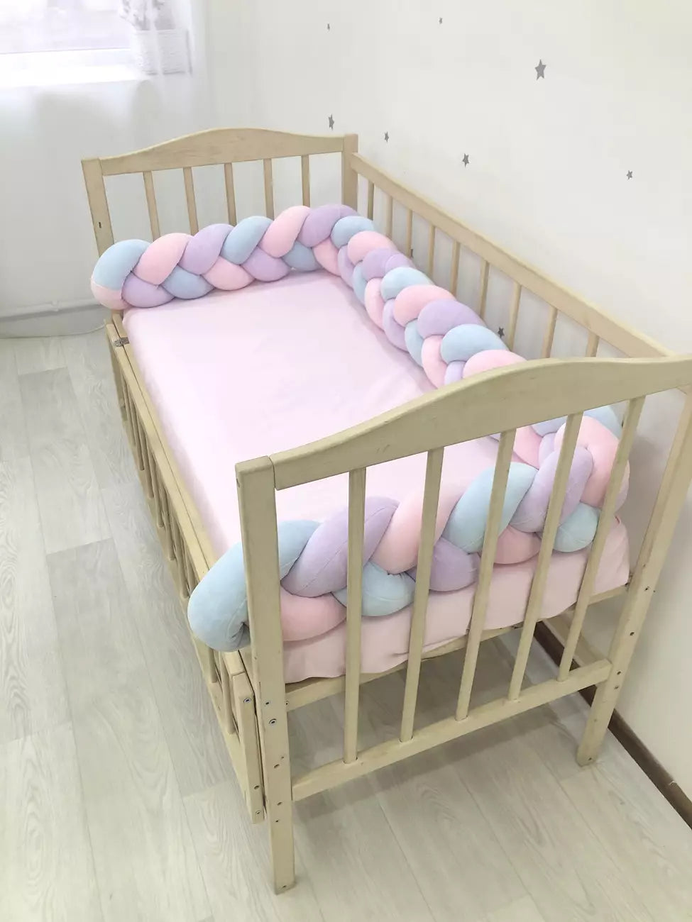 3-strand pink+lilac+blue knot bumper - Baby Bedding Worlds