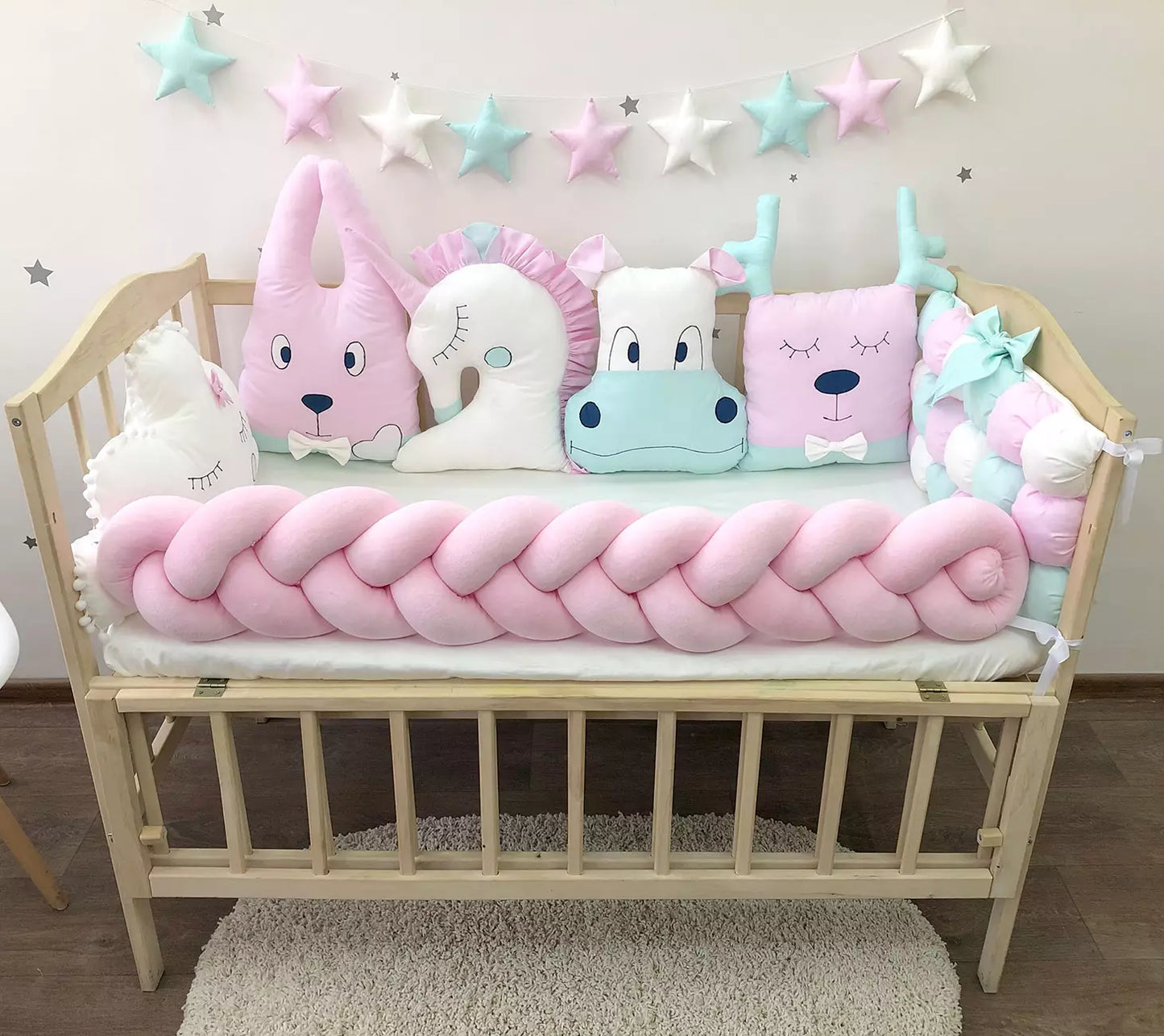Pink bumpers set for newborn - “Animal Bumpers” - Baby Bedding Worlds