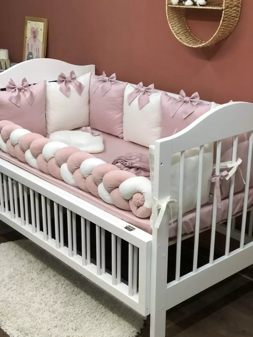 Baby bedding set - pink color “Bumper pillow with bow” - Baby Bedding Worlds