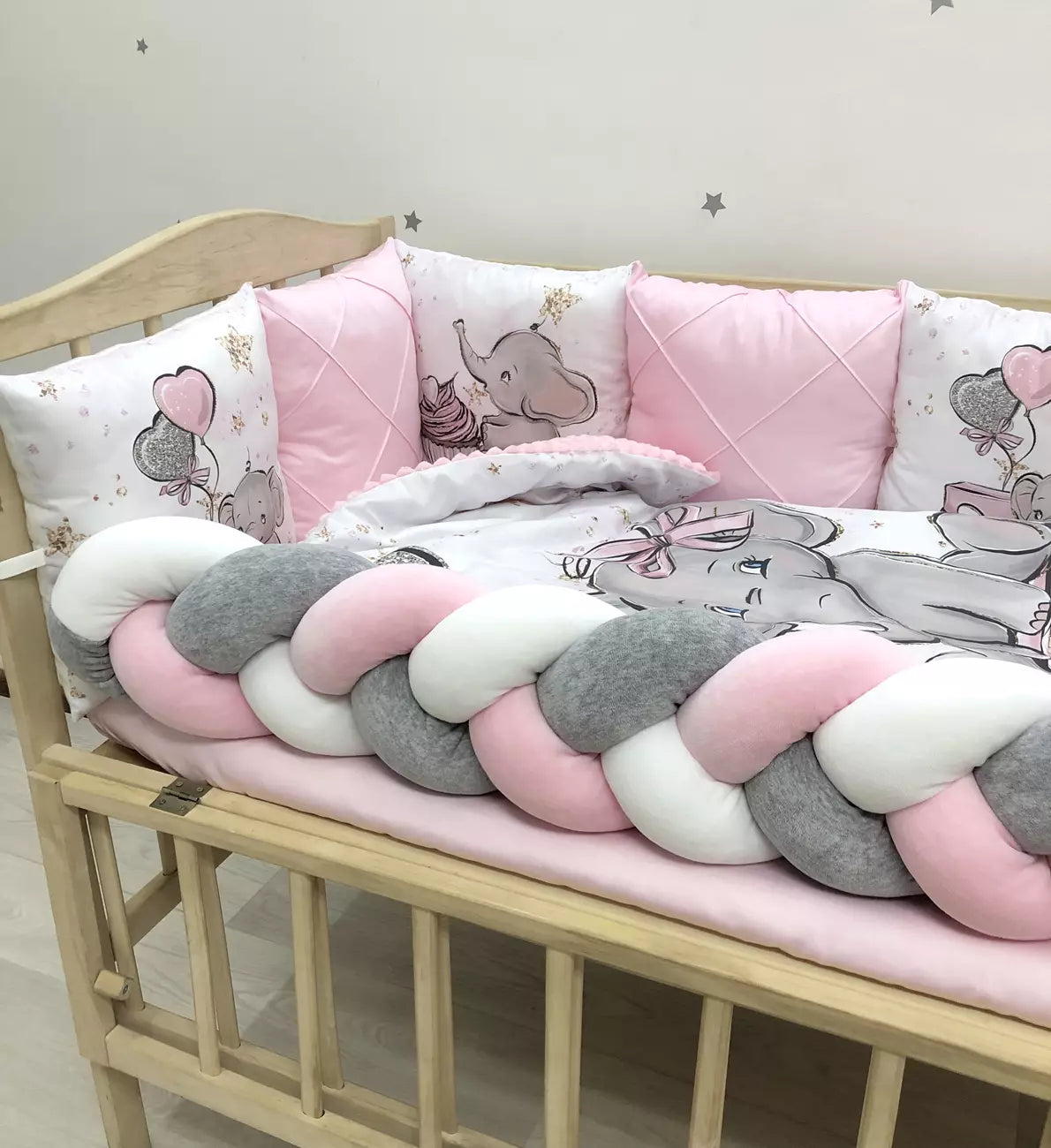 Crib set “Pink Elephant” - Baby Bedding Worlds