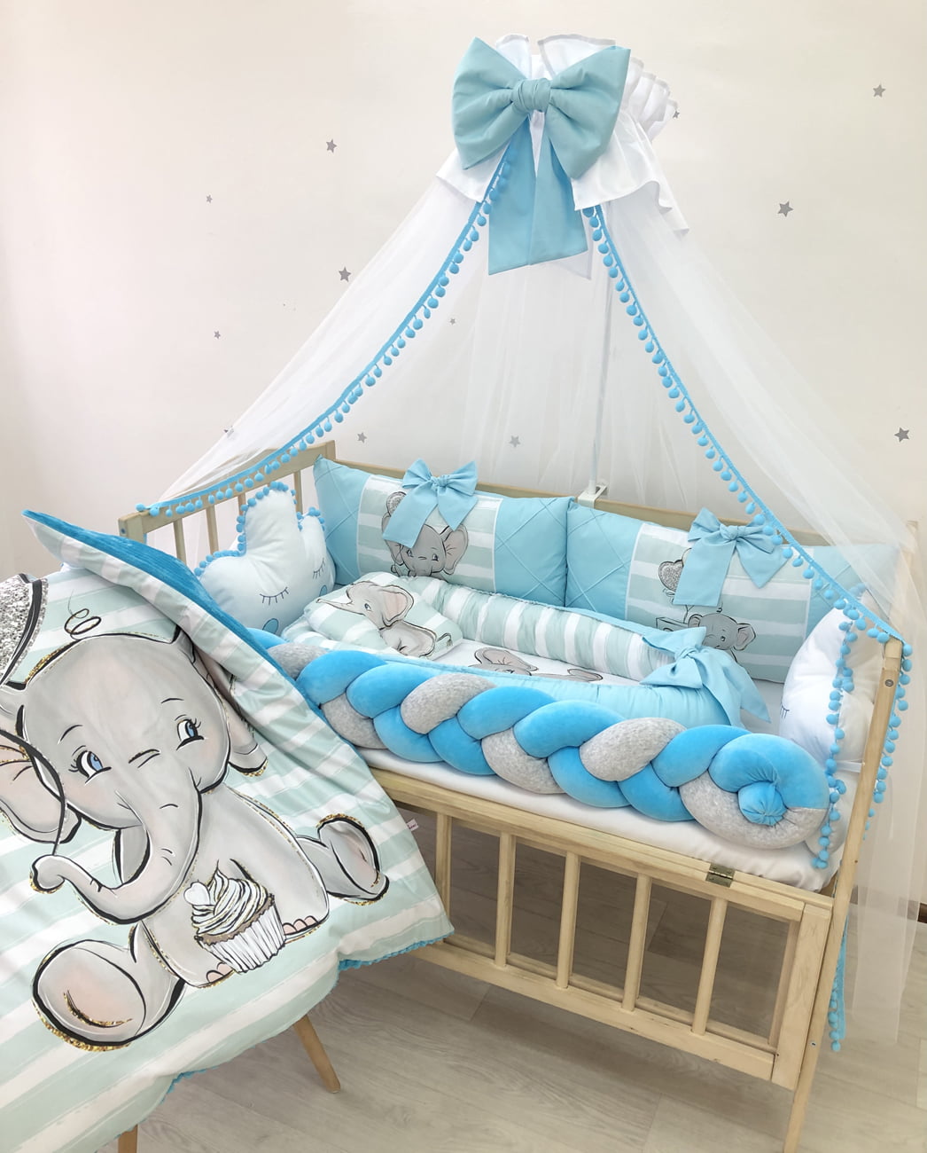 Crib set”Azure Elephant” - Baby Bedding Worlds