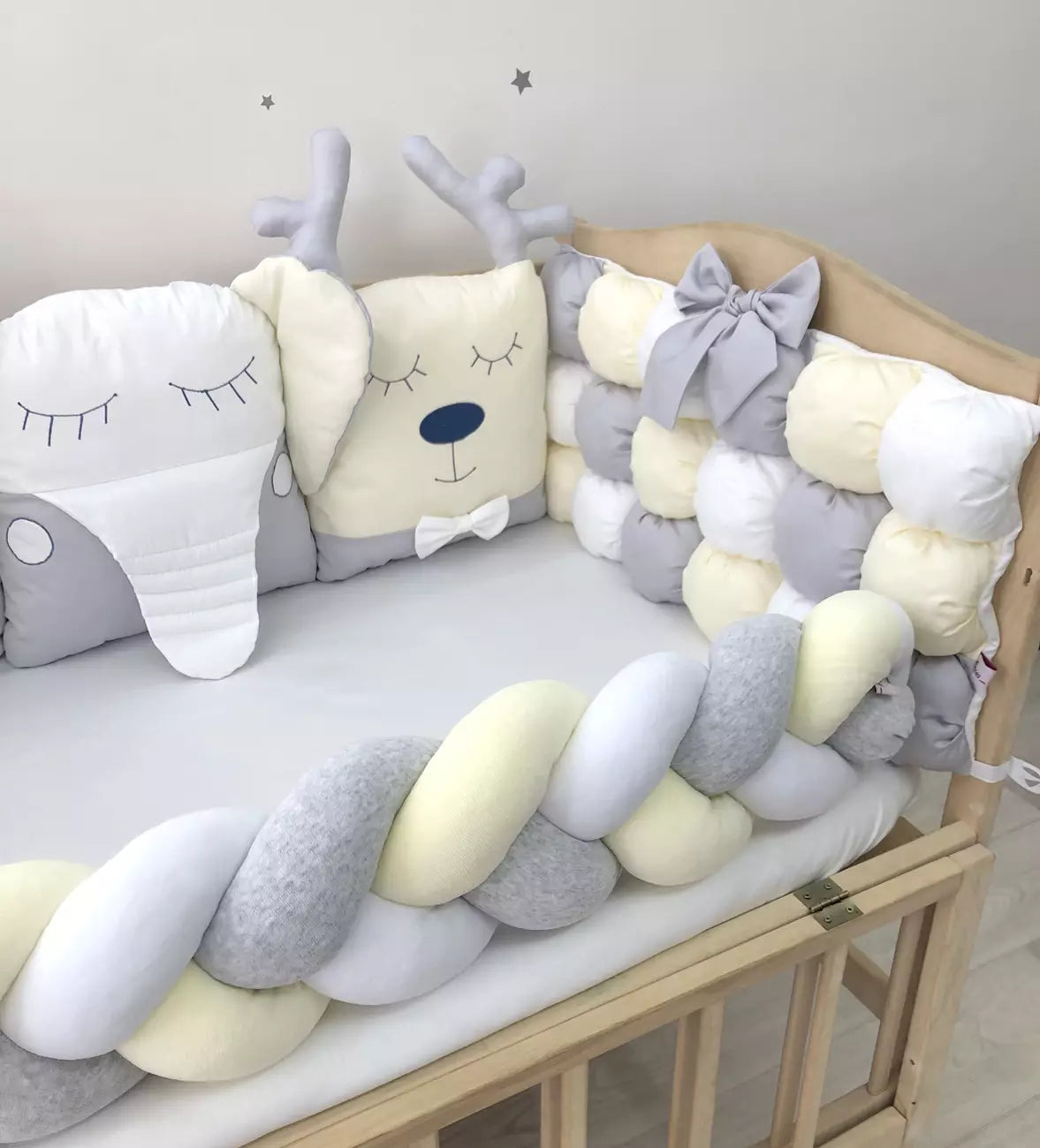 Beige gray bumper set for newborn crib “Animals bumpers beige gray” - Baby Bedding Worlds