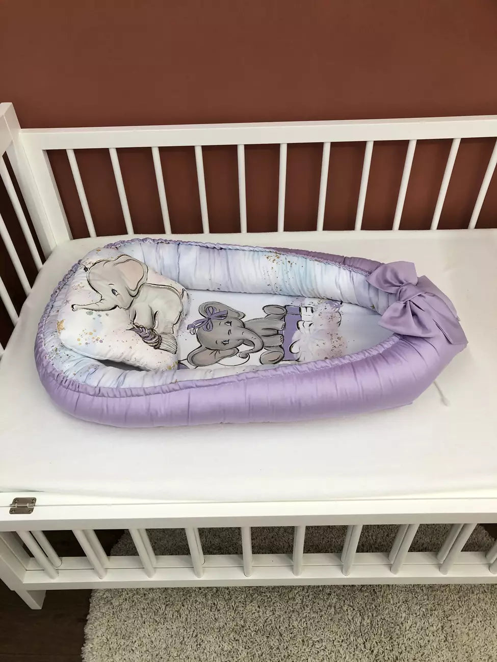 Baby Nest “Lilac Elephant” - Baby Bedding Worlds