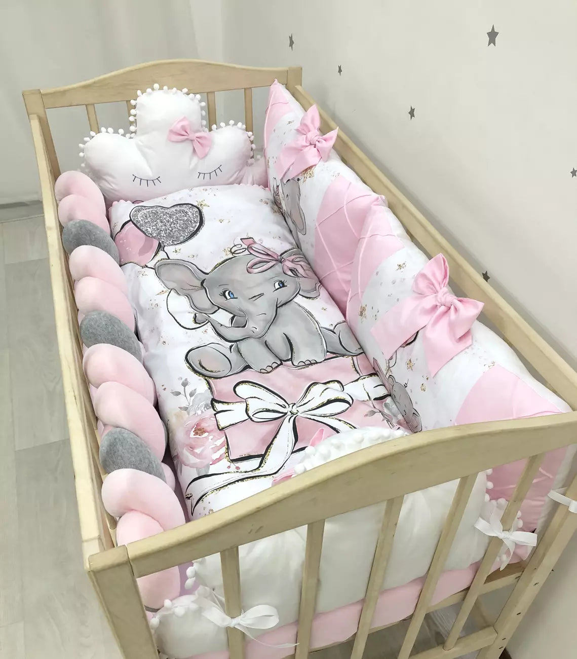 Crib set “Pink Elephant for girl” - Baby Bedding Worlds