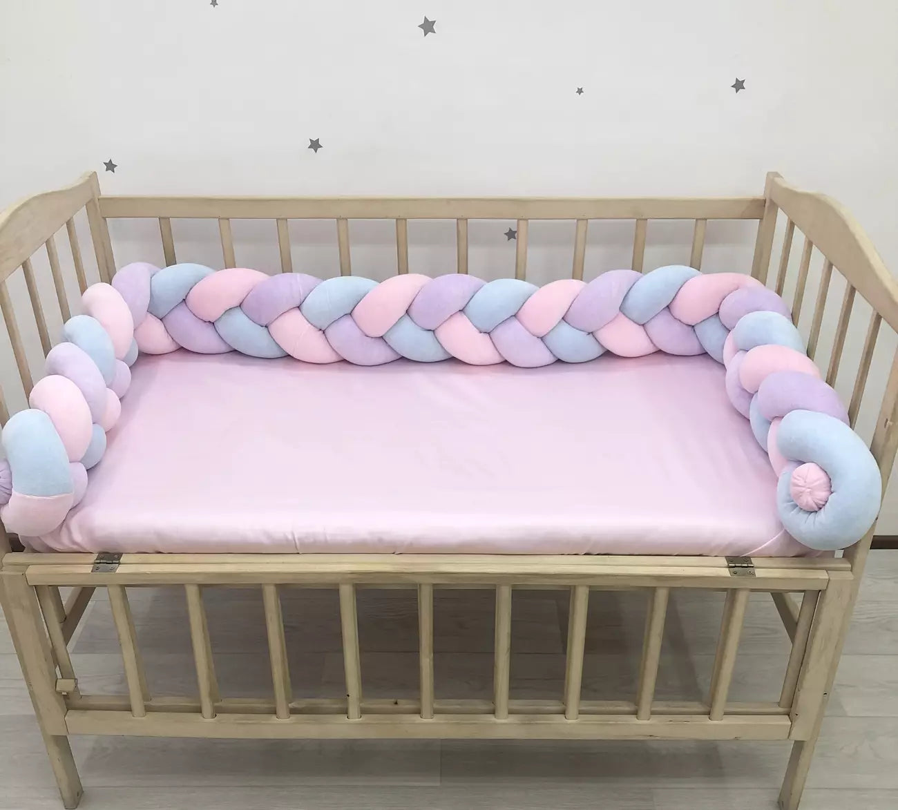 3-strand pink+lilac+blue knot bumper - Baby Bedding Worlds