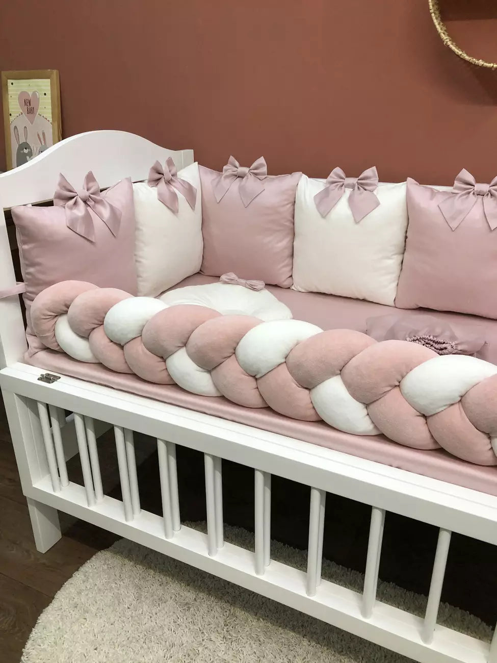 Baby bedding set - pink color “Bumper pillow with bow” - Baby Bedding Worlds
