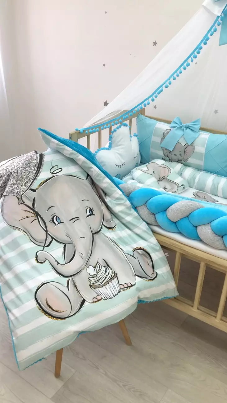 Crib set”Azure Elephant” - Baby Bedding Worlds