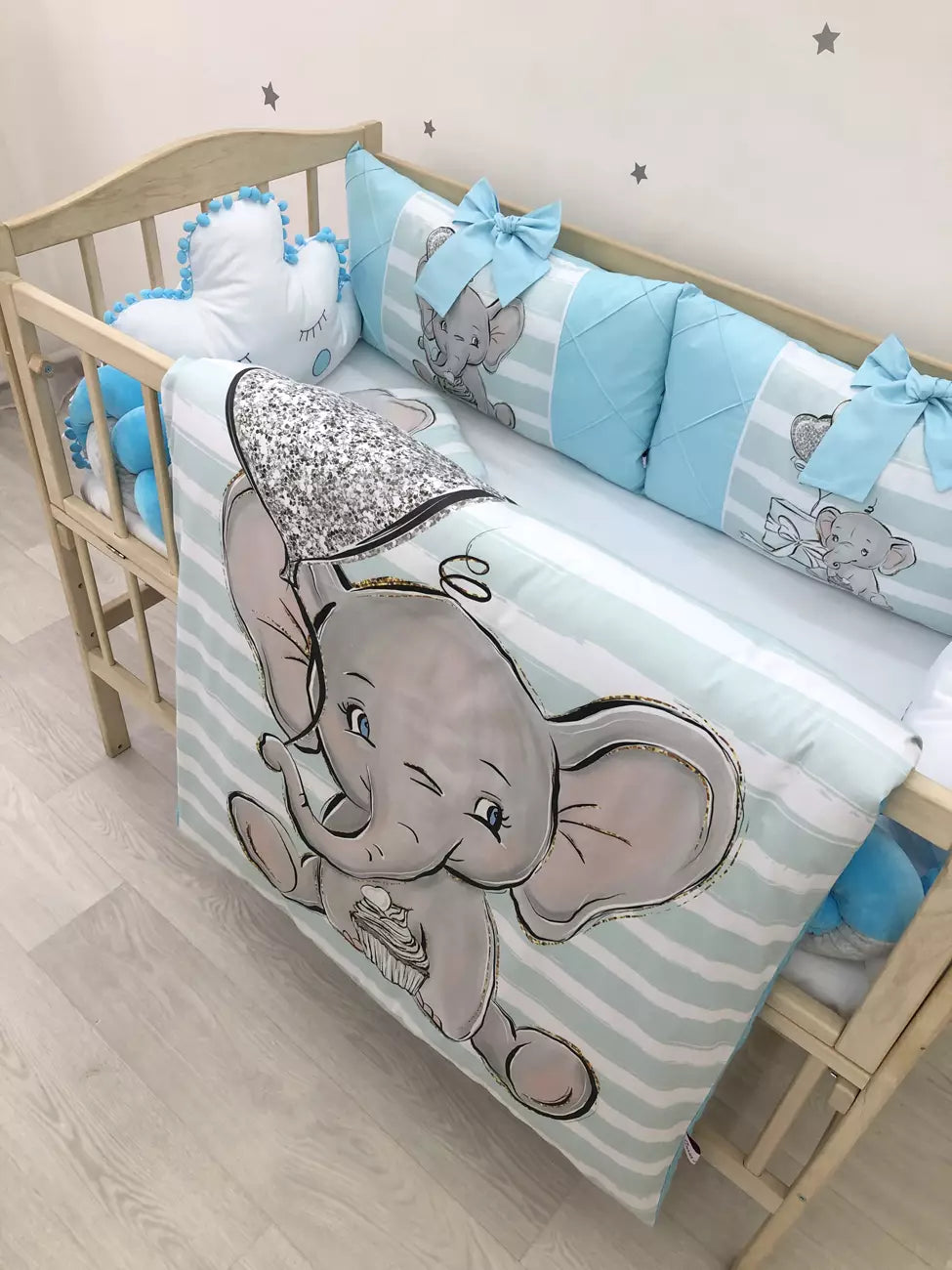Crib set “Azure elephant” - Baby Bedding Worlds