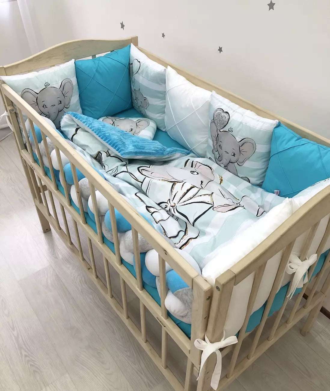 Crib set “Azure elephant” - Baby Bedding Worlds