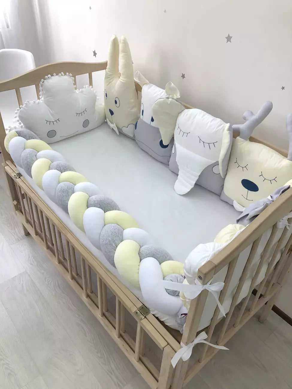 Beige gray bumper set for newborn crib “Animals bumpers beige gray” - Baby Bedding Worlds
