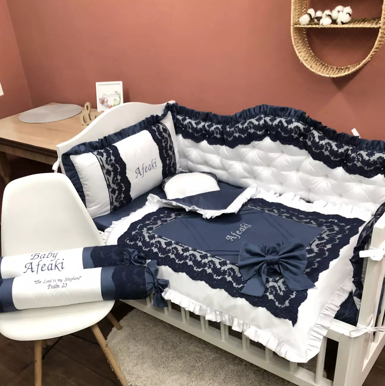 Crib set “Personalized navy blue and white luxury baby bedding set“ - Baby Bedding Worlds