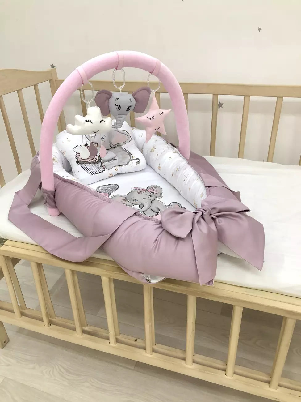 Baby Nest Elephant “Nest for babies with bow and toys” - Baby Bedding Worlds