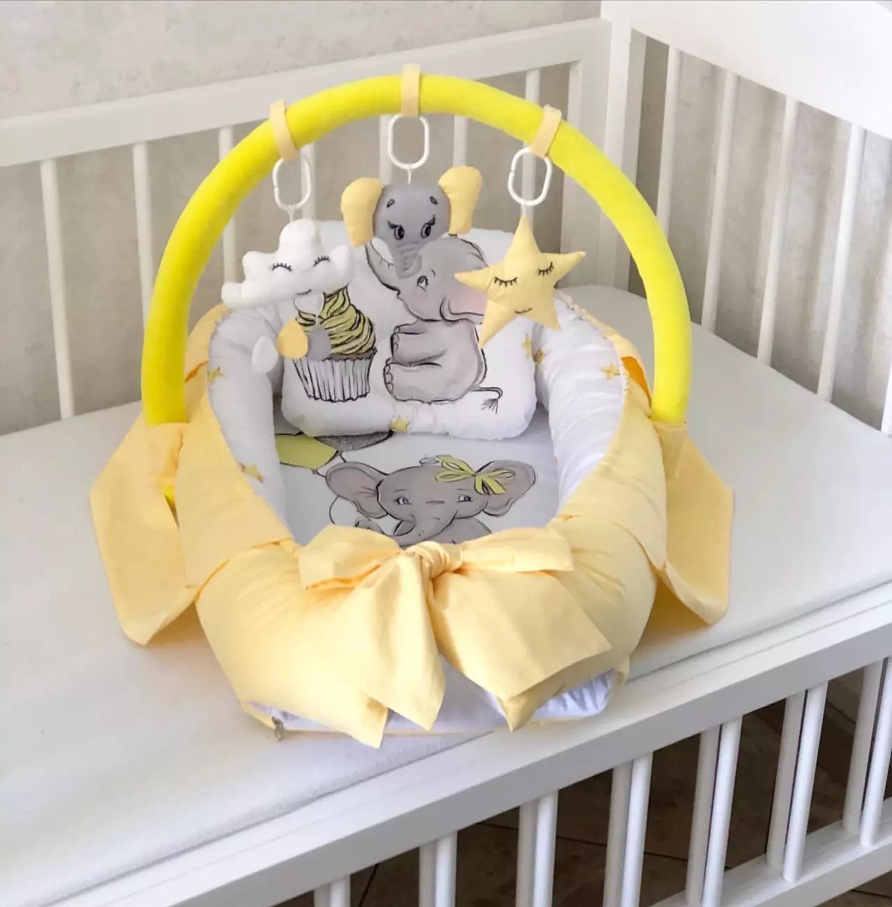 Baby Nest yellow Elephant “Nest for babies with bow and toys” - Baby Bedding Worlds