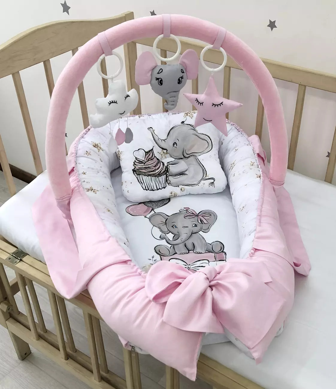 Baby Nest pink Elephant “Nest for babies with bow and toys” - Baby Bedding Worlds