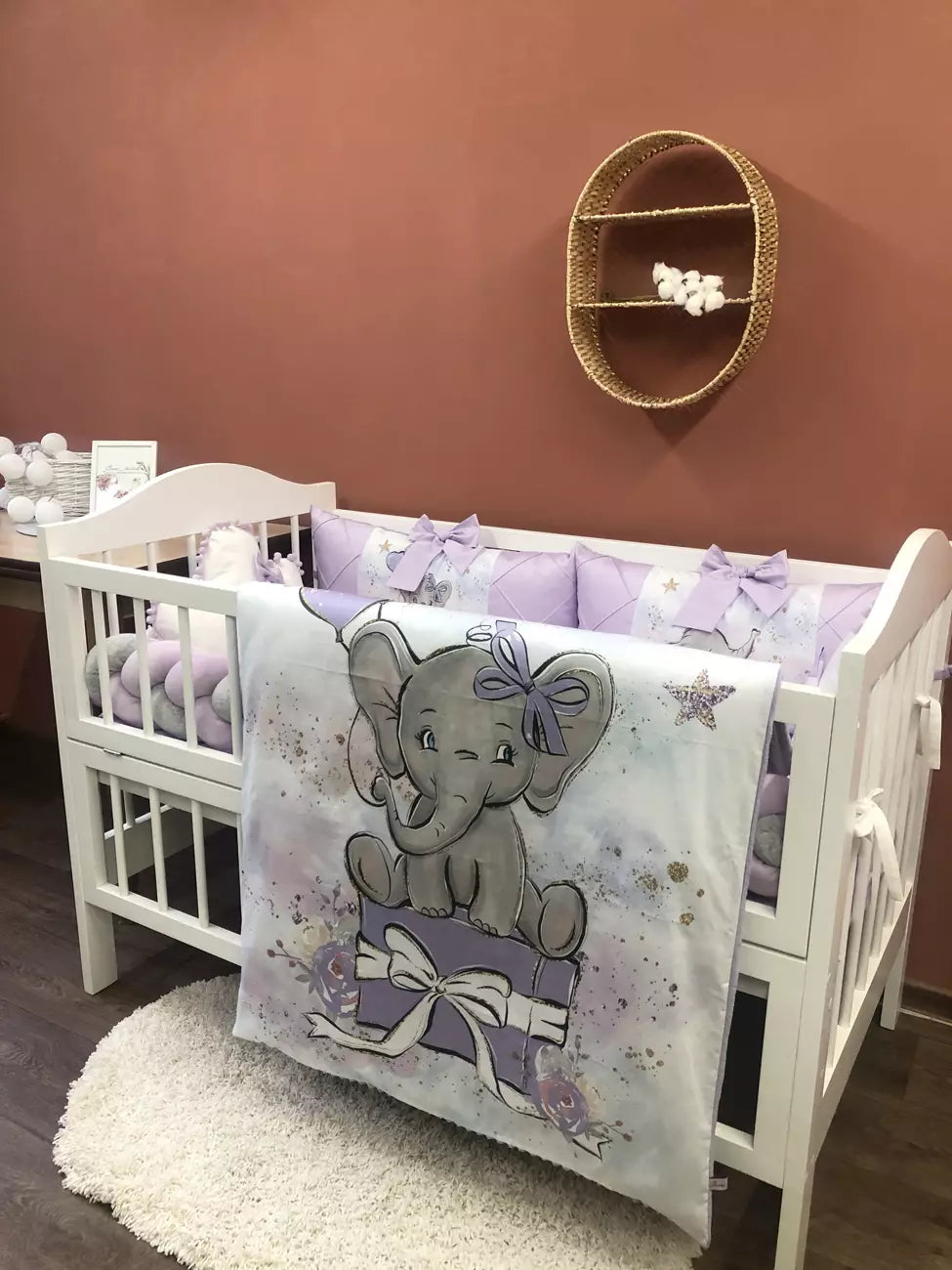 Crib set “Lilac Elephant” - Baby Bedding Worlds