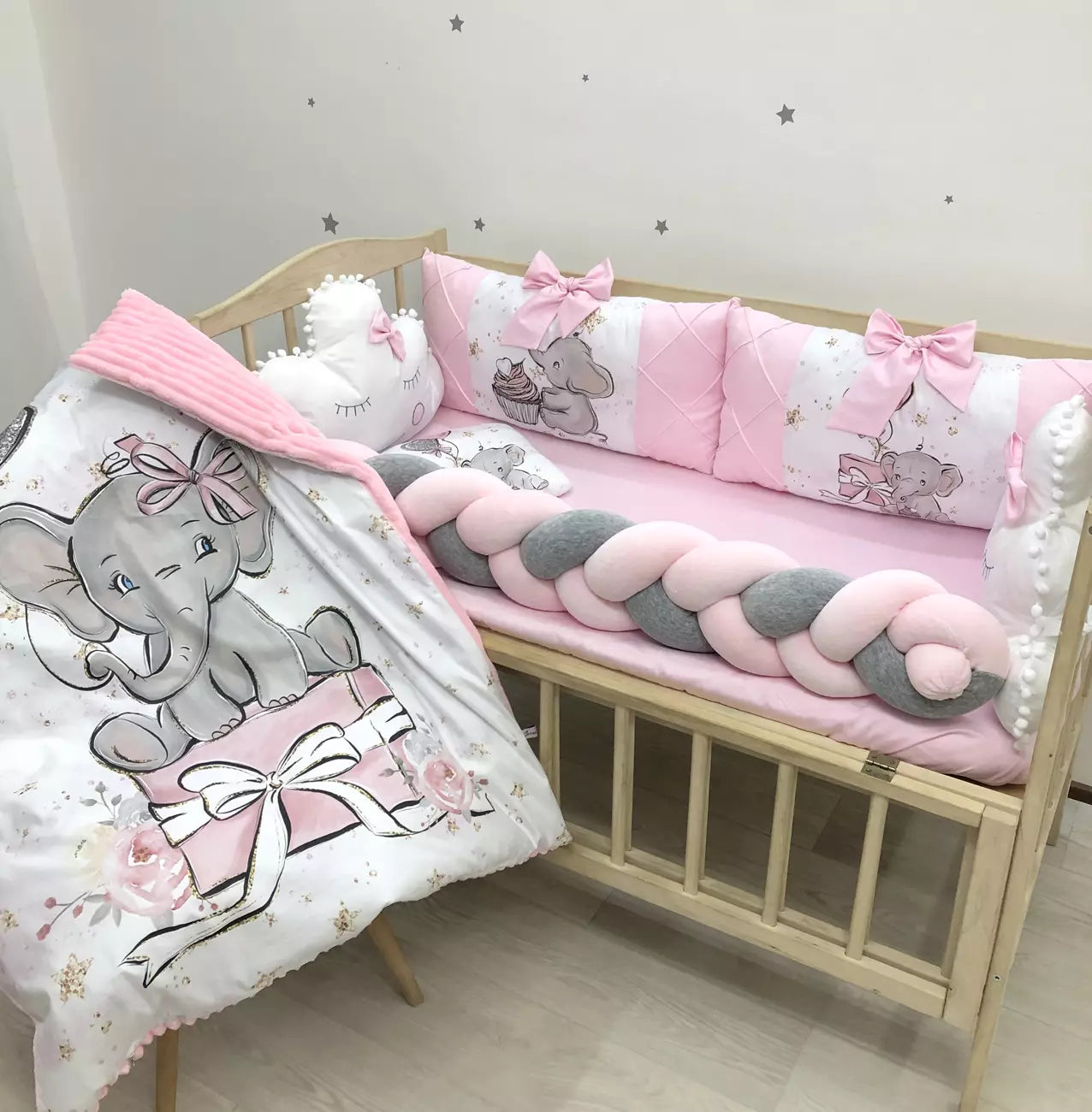 Crib set “Pink Elephant for girl” - Baby Bedding Worlds
