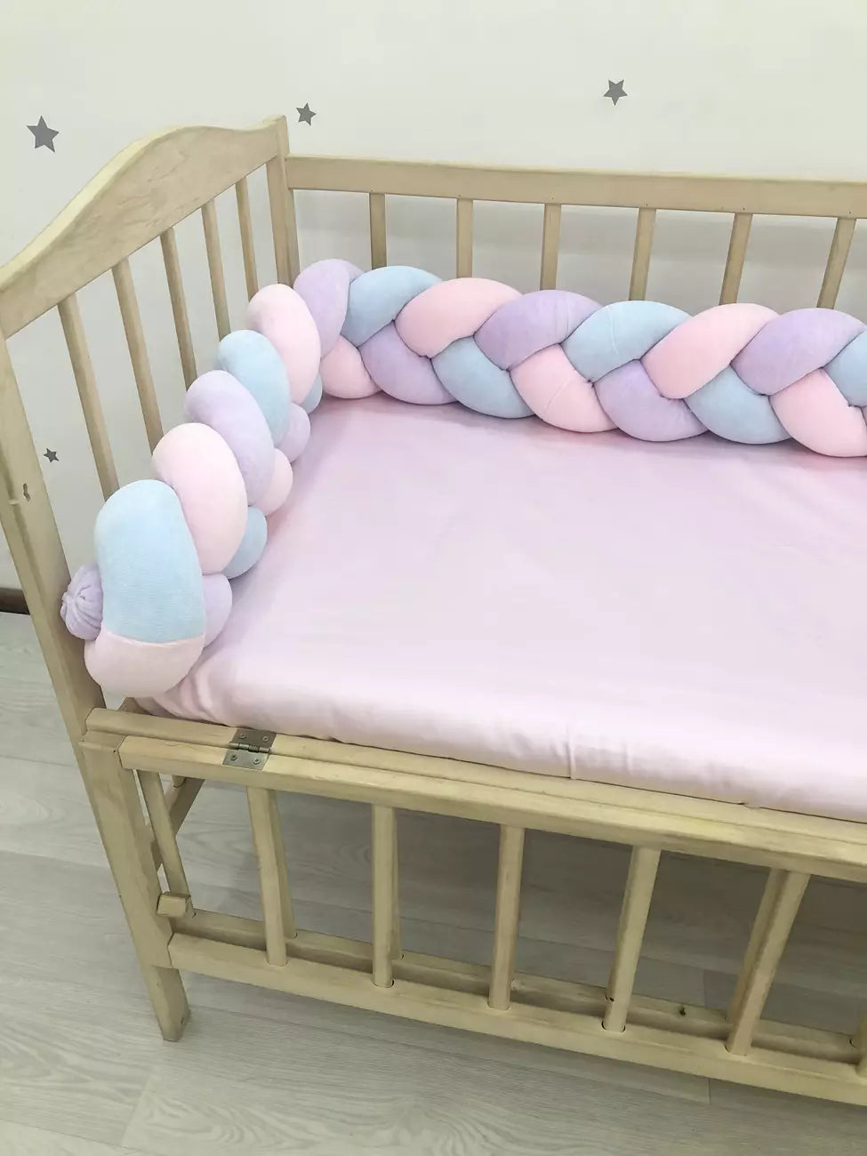 3-strand pink+lilac+blue knot bumper - Baby Bedding Worlds