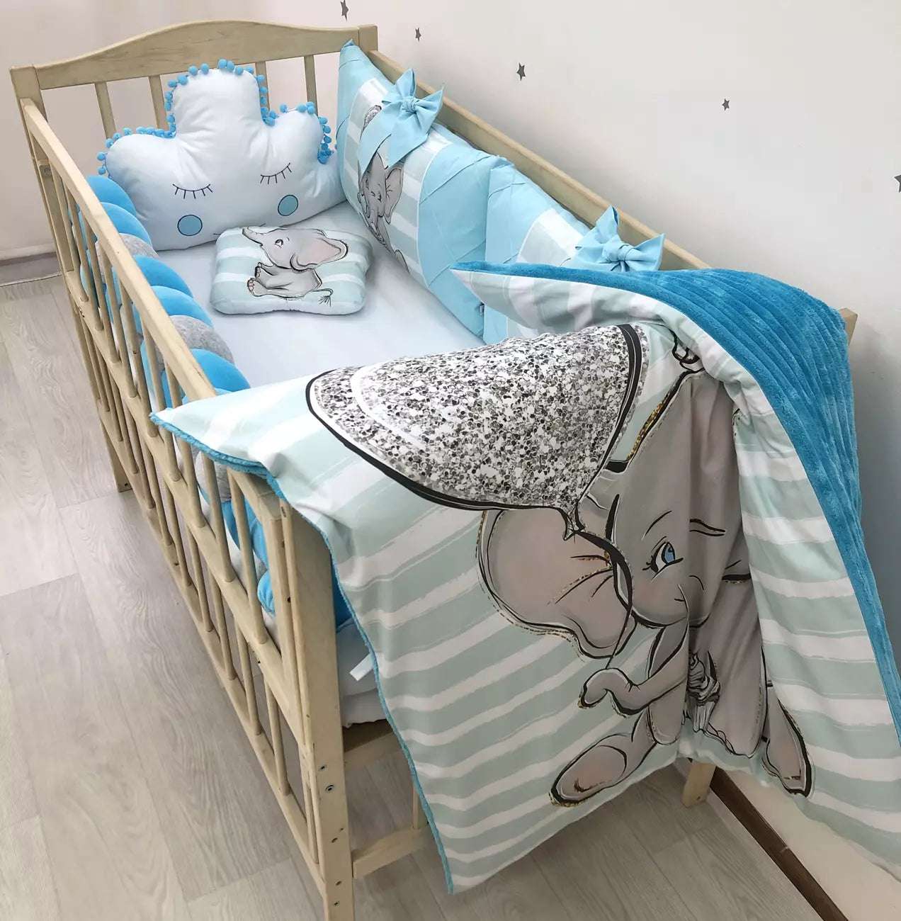 Crib set “Azure elephant” - Baby Bedding Worlds