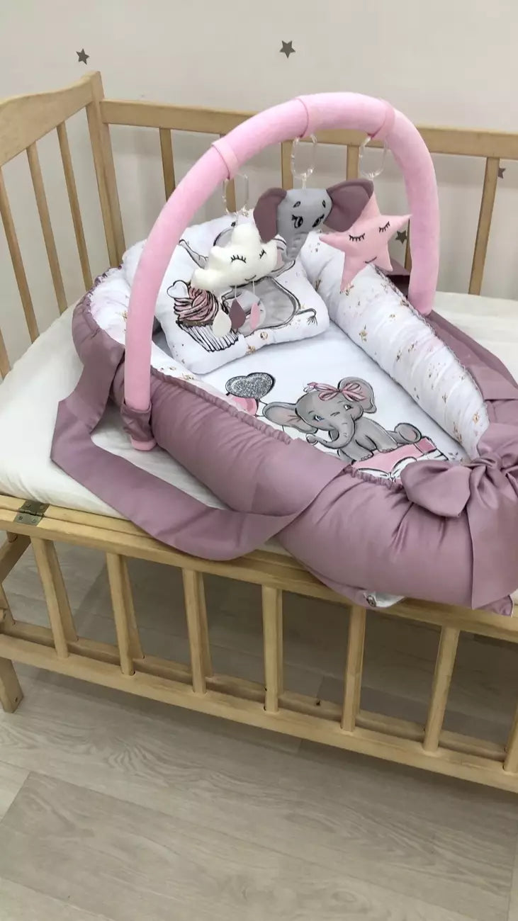 Baby Nest Elephant “Nest for babies with bow and toys” - Baby Bedding Worlds