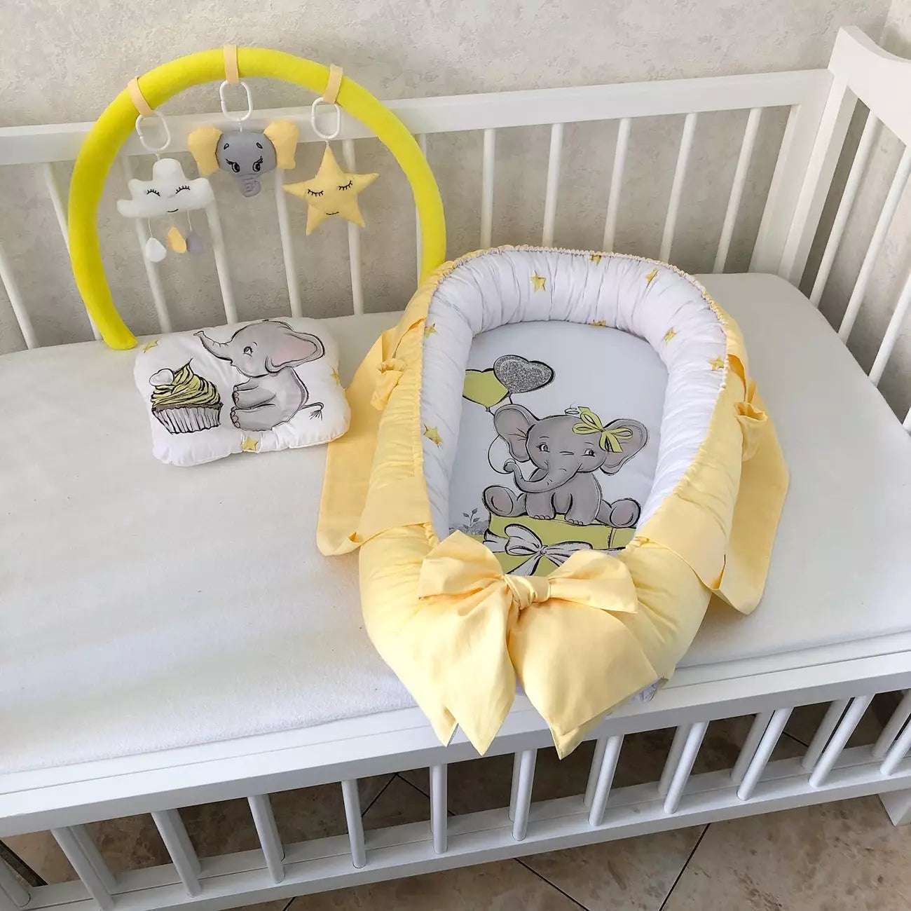 Baby Nest yellow Elephant “Nest for babies with bow and toys” - Baby Bedding Worlds