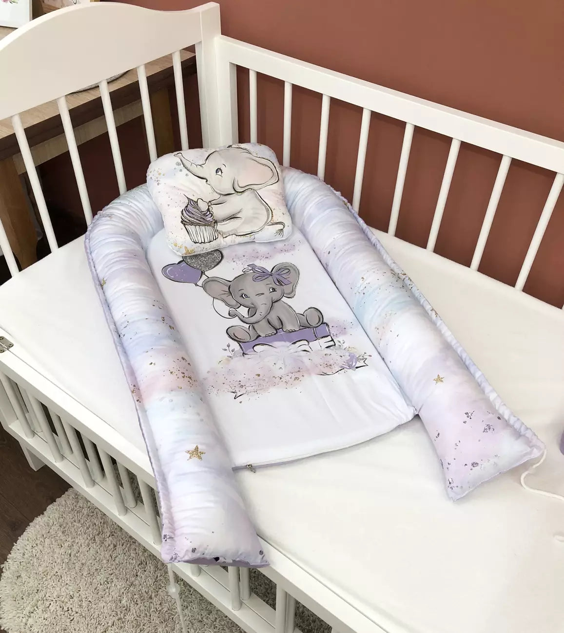 Baby Nest “Lilac Elephant” - Baby Bedding Worlds