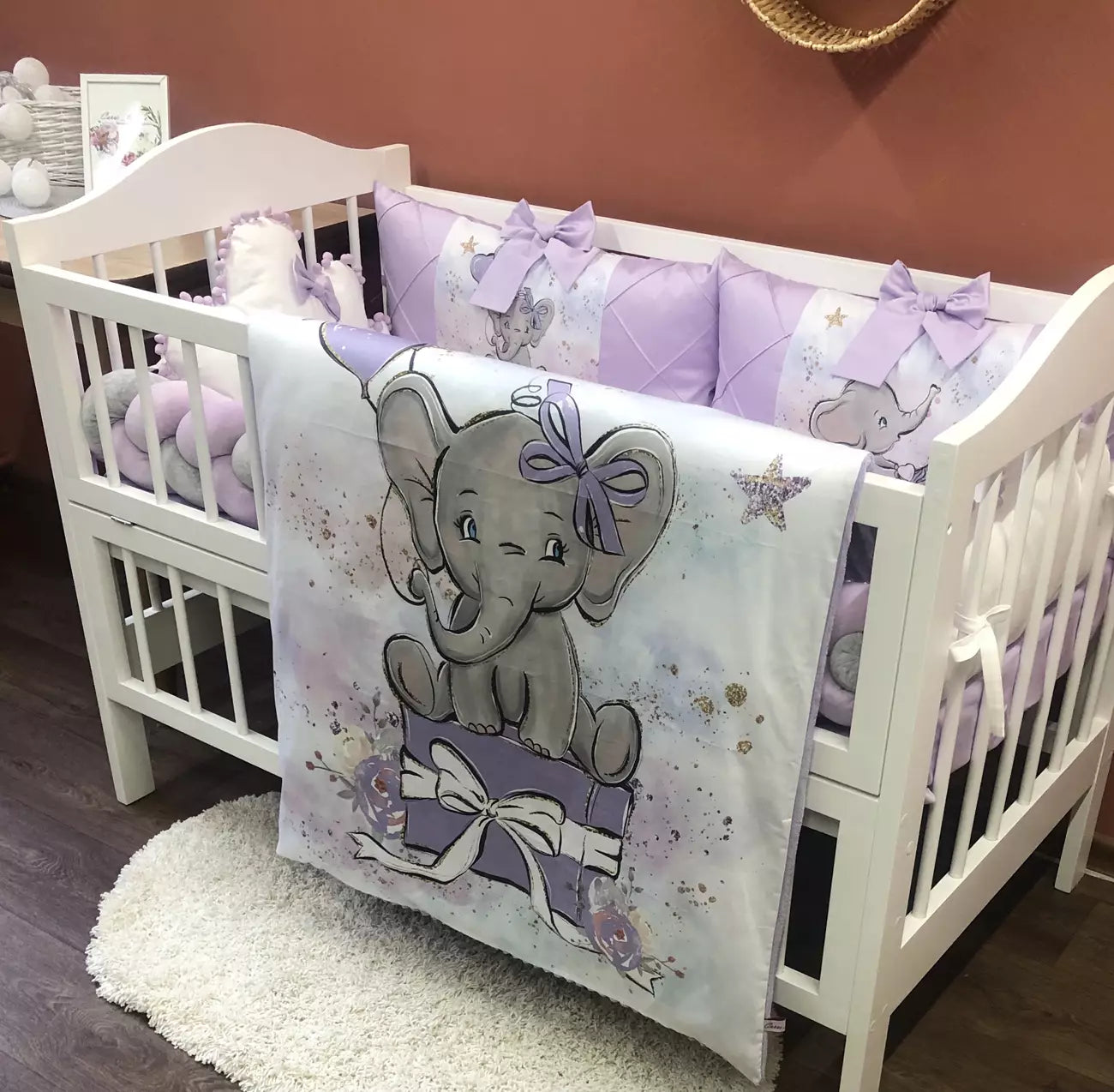 Crib set “Lilac Elephant” - Baby Bedding Worlds