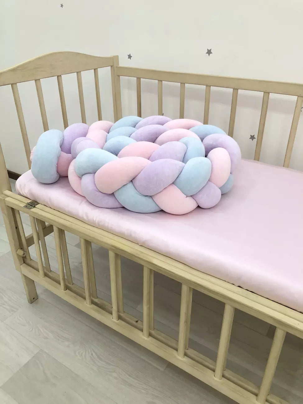 3-strand pink+lilac+blue knot bumper - Baby Bedding Worlds