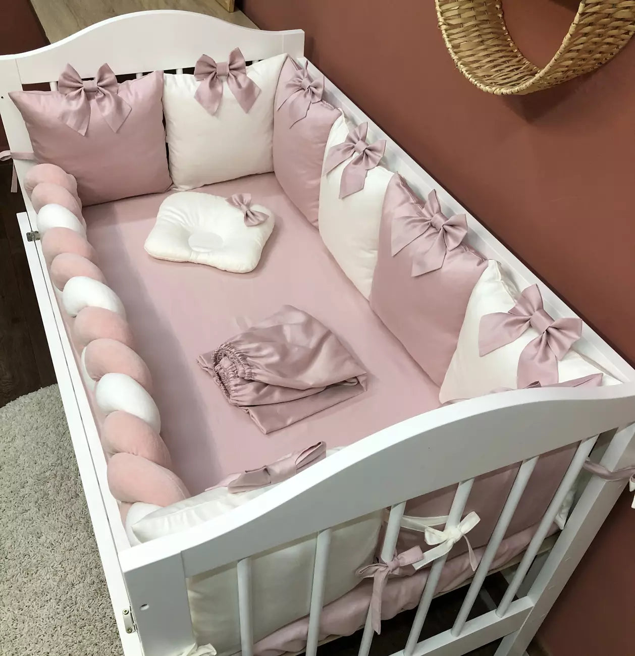 Baby bedding set - pink color “Bumper pillow with bow” - Baby Bedding Worlds