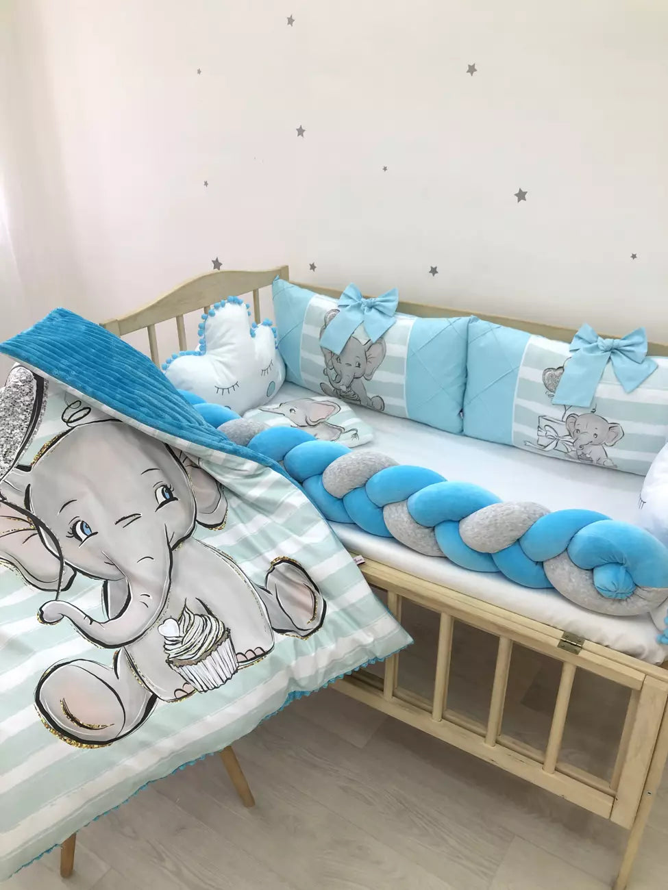 Crib set “Azure elephant” - Baby Bedding Worlds