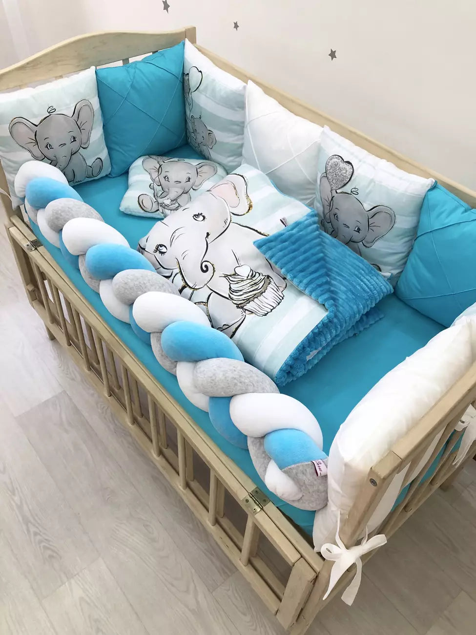 Crib set “Azure elephant” - Baby Bedding Worlds