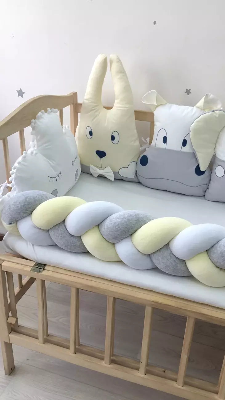 Beige gray bumper set for newborn crib “Animals bumpers beige gray” - Baby Bedding Worlds
