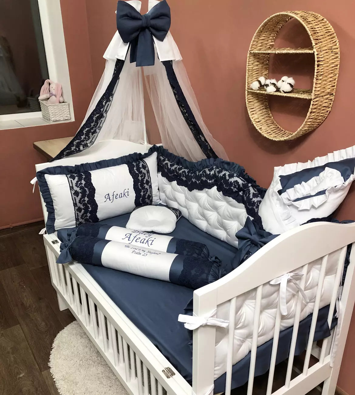 Crib set “Personalized navy blue and white luxury baby bedding set“ - Baby Bedding Worlds