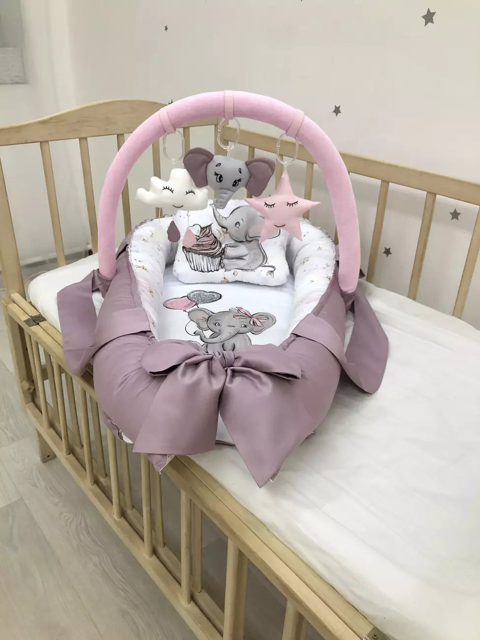 Baby Nest Elephant “Nest for babies with bow and toys” - Baby Bedding Worlds