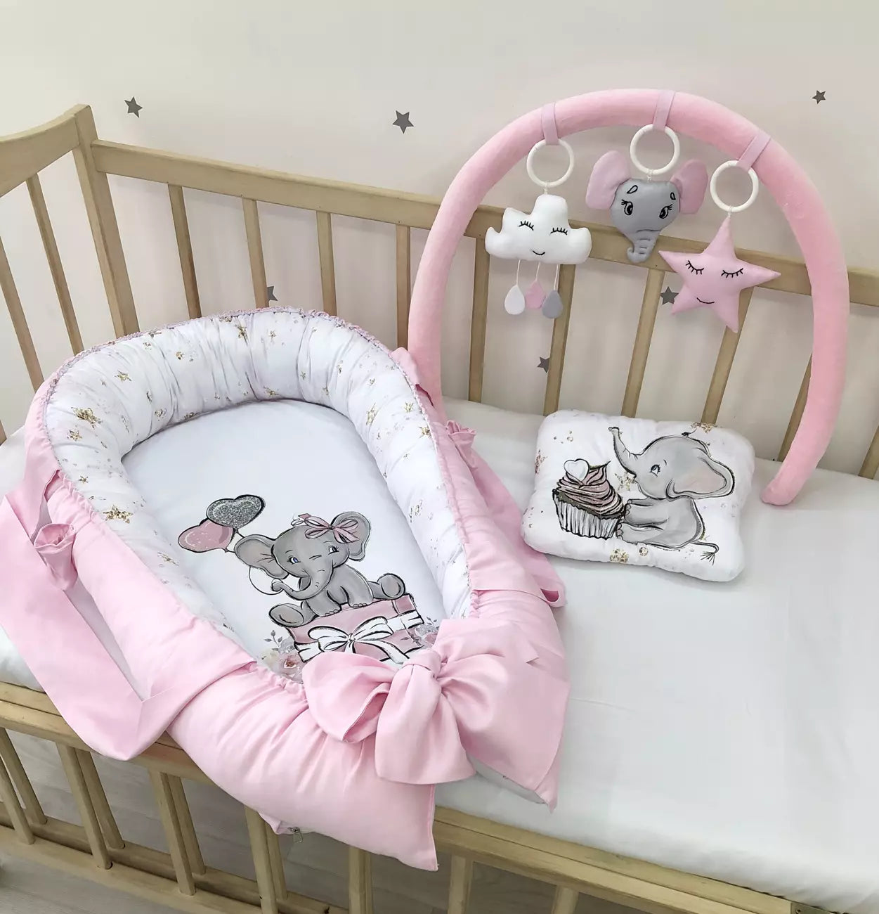 Baby Nest pink Elephant “Nest for babies with bow and toys” - Baby Bedding Worlds