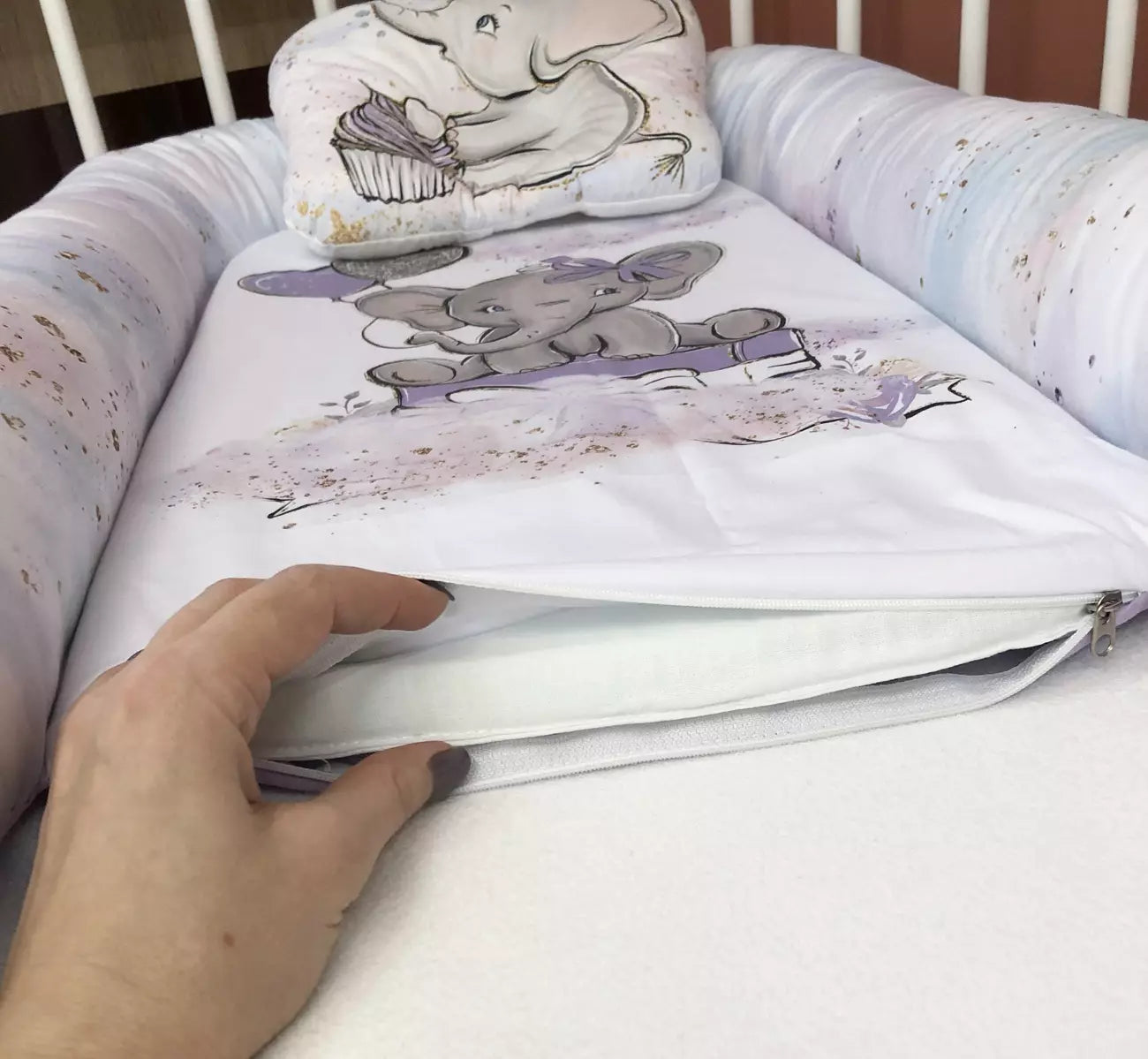 Baby Nest “Lilac Elephant” - Baby Bedding Worlds
