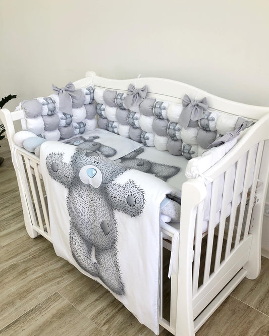 Bubble bumper baby bedding set "Grey Teddy"