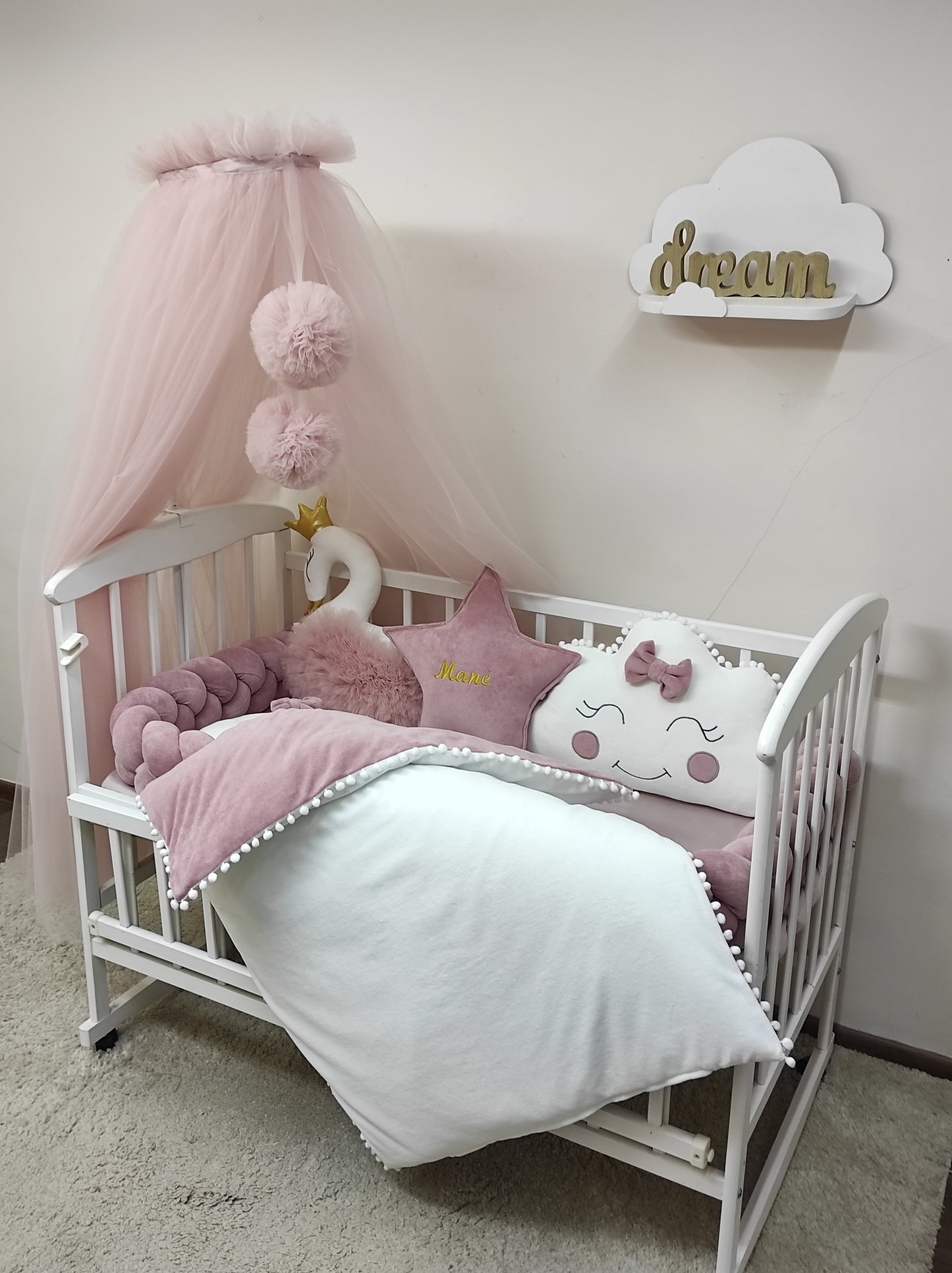 8-Piece Dusty Rose Baby Bedding Set with Swan & Canopy
