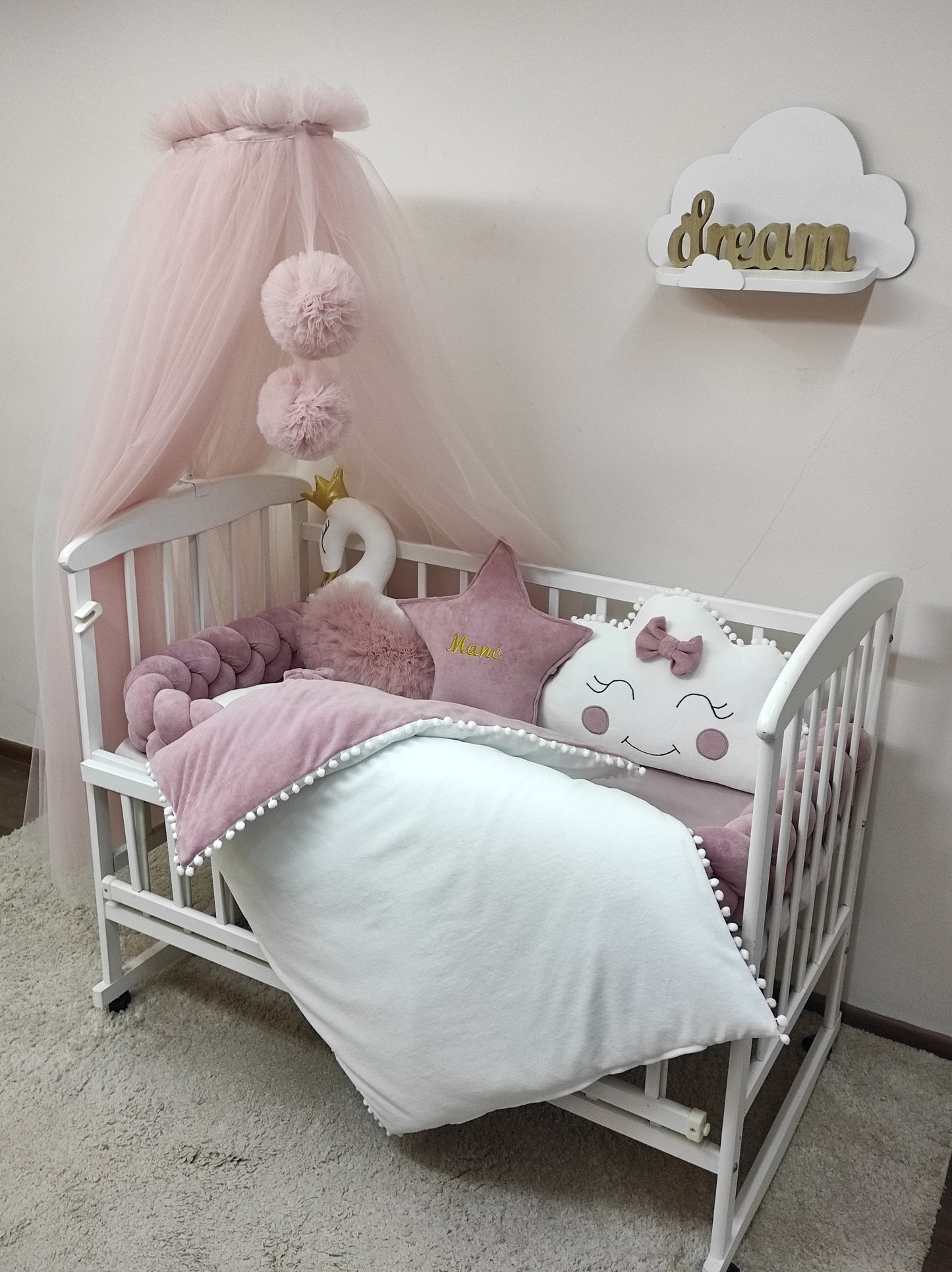 8-Piece Dusty Rose Baby Bedding Set with Swan & Canopy