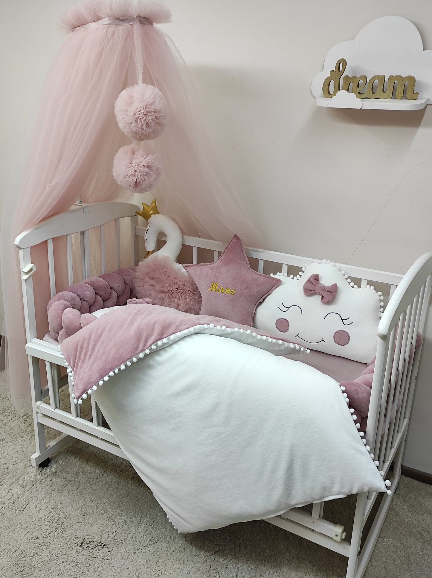 8-Piece Dusty Rose Baby Bedding Set with Swan & Canopy