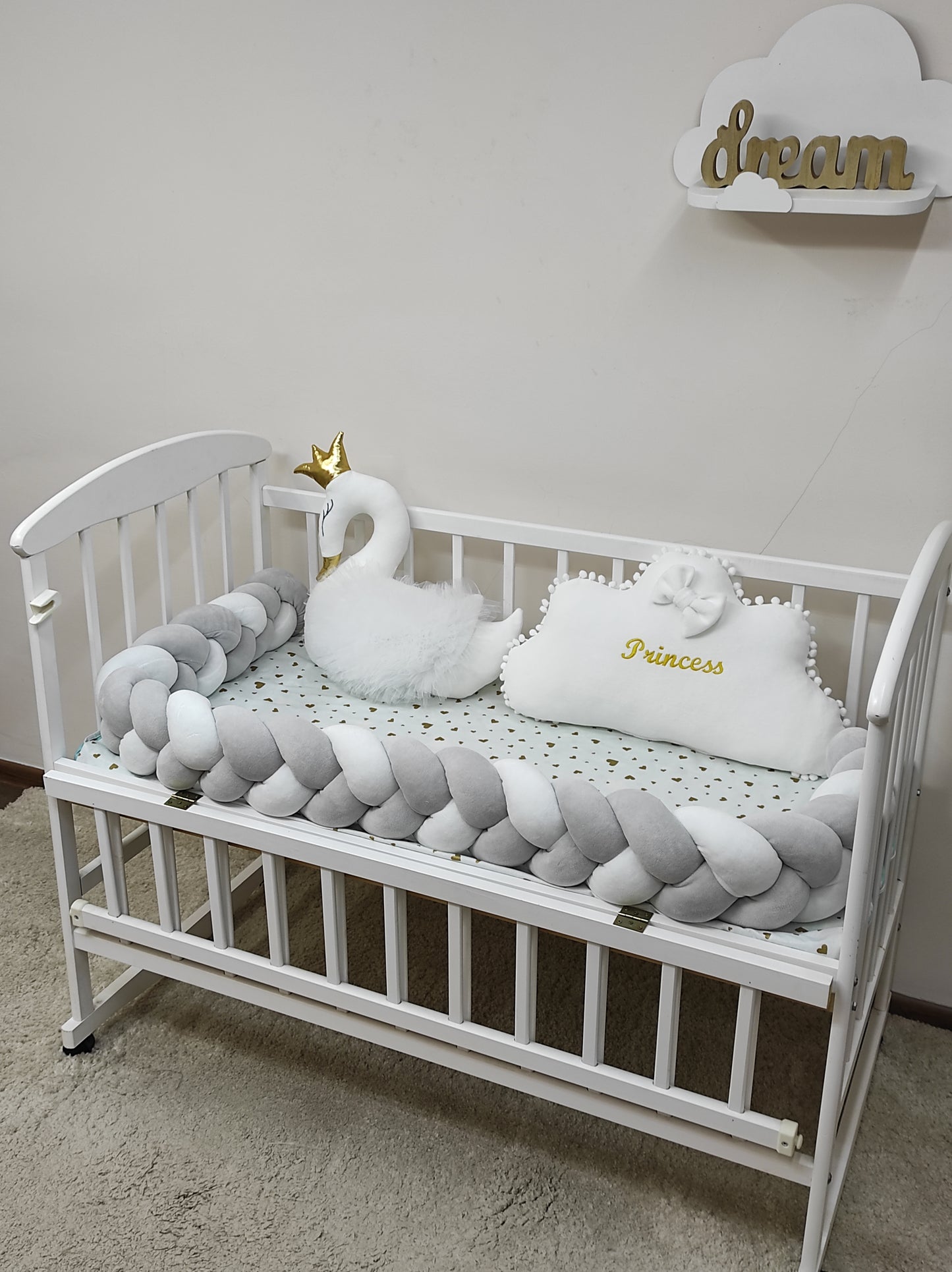 Light Gray & White Crib Bumper Set "Silver Swan Dream"