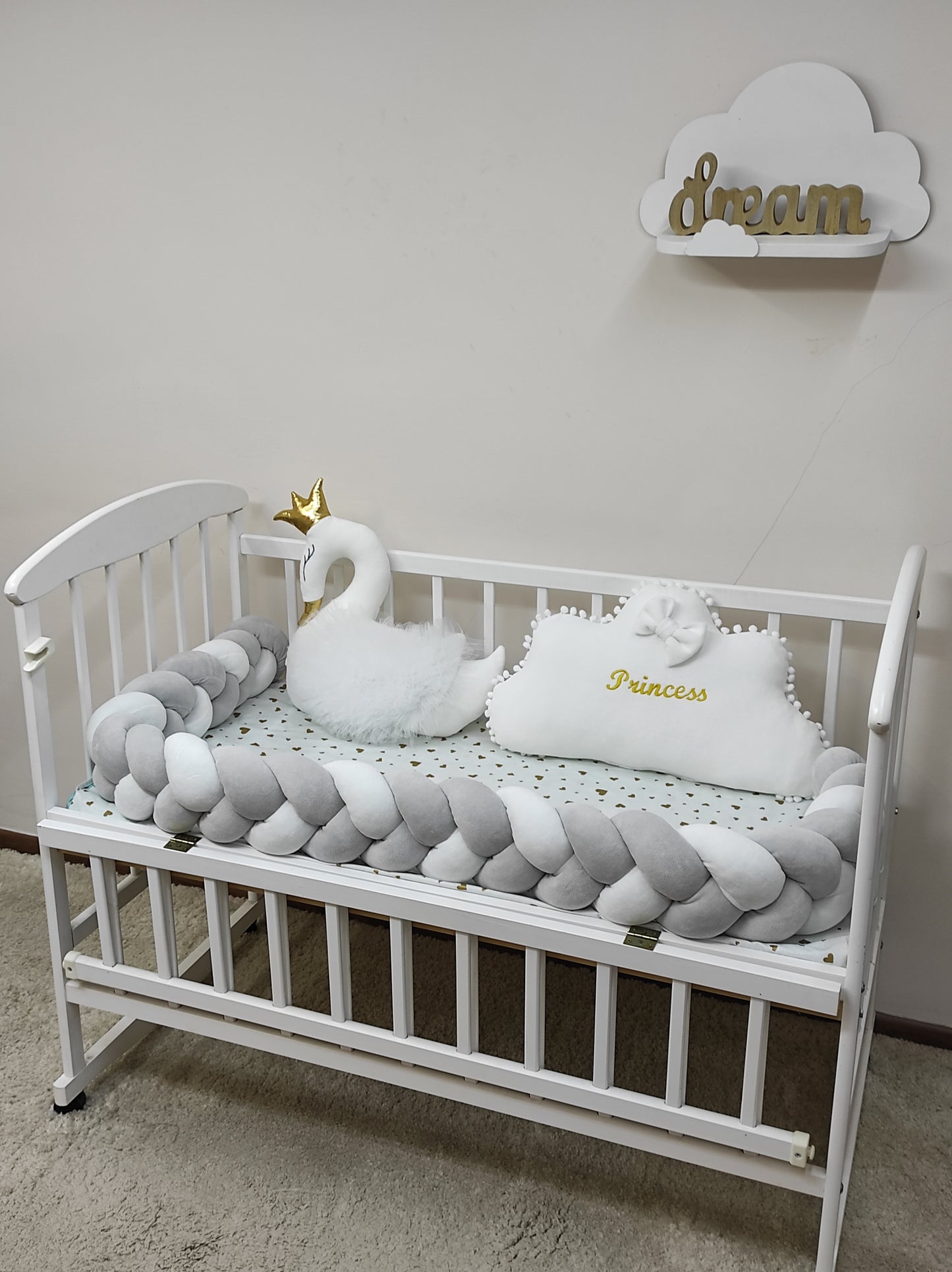 Light Gray & White Crib Bumper Set "Silver Swan Dream"