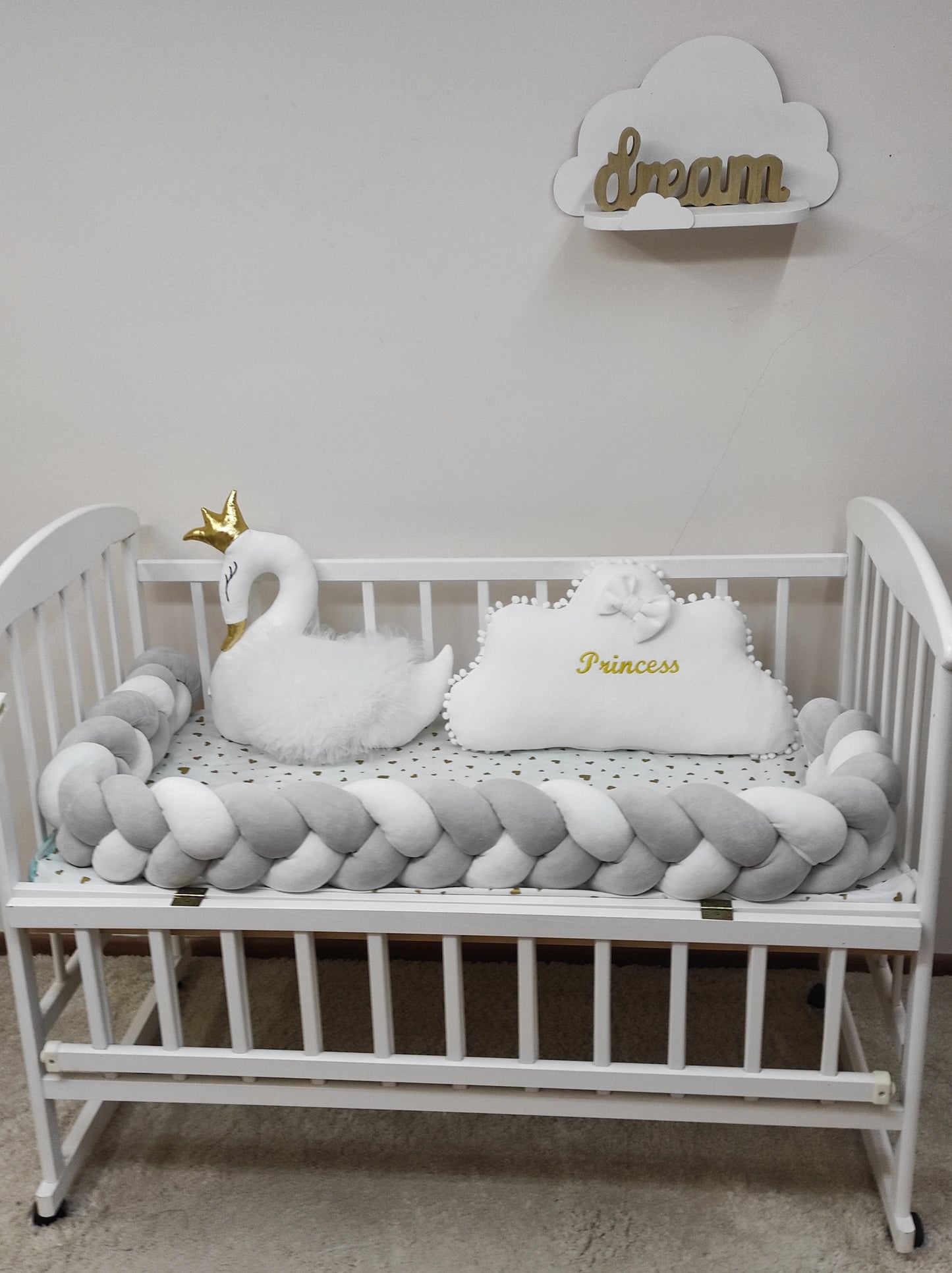 Light Gray & White Crib Bumper Set "Silver Swan Dream"